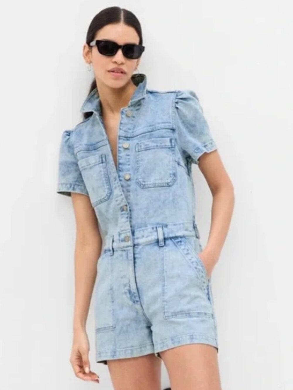 Gap Denim Romper Light Wash Puff Sleeve - Size 4 Tall